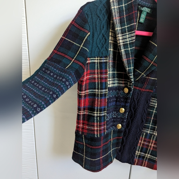 Lauren Ralph Lauren Patchwork Wool Cardigan Gold Buttons Plaid Tartan - Picture 4 of 6